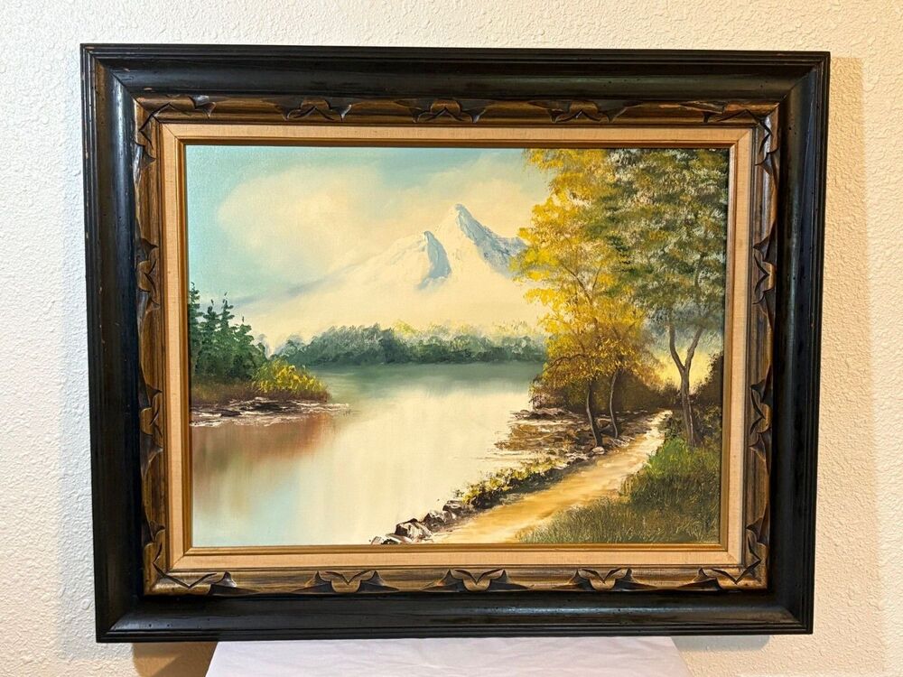 Vintage Landscape Oil Painting Mountain Lake Scene Mexico Ornate Wood Frame Fred